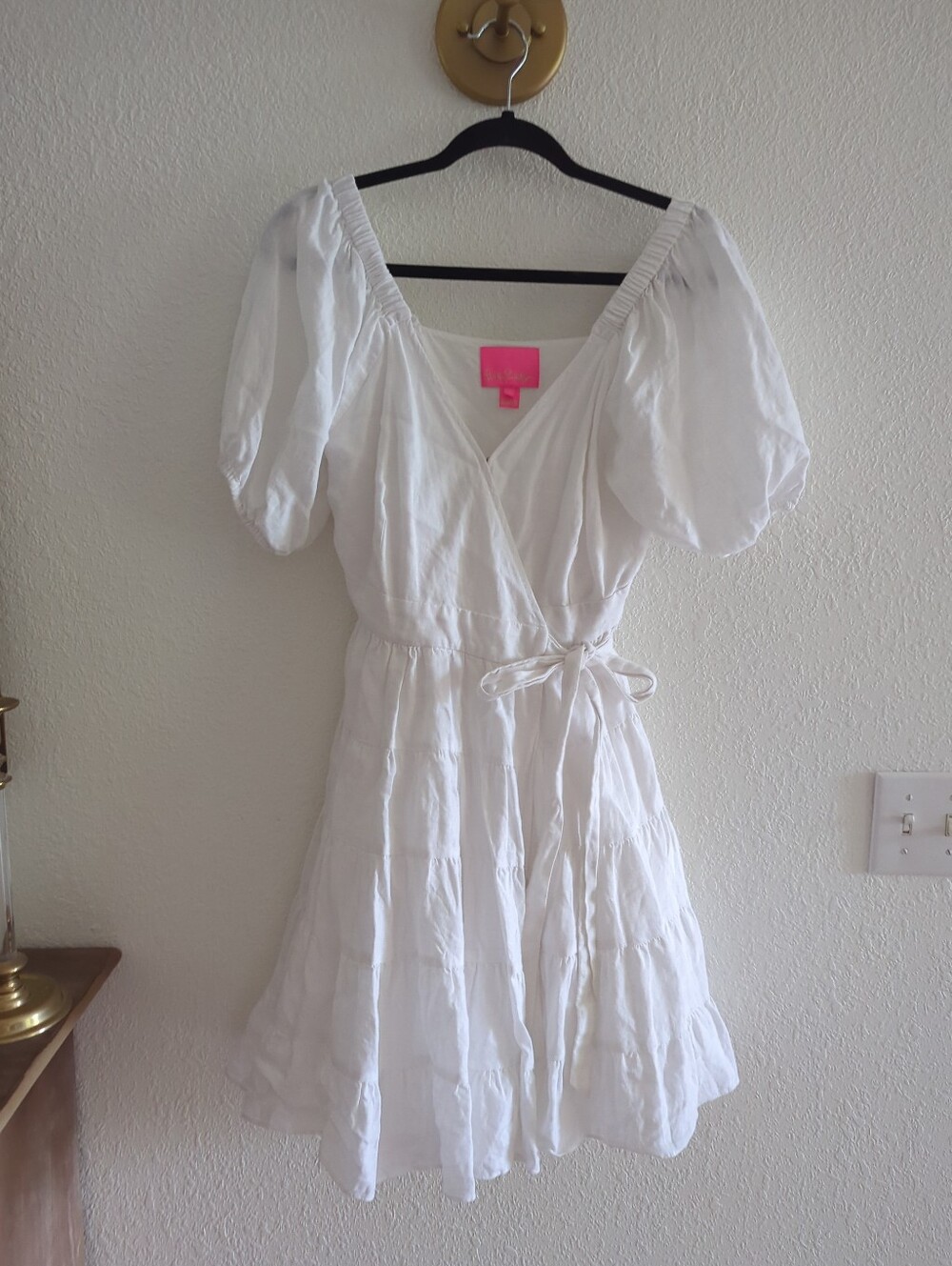 $238 LILLY PULITZER DRESS IRALEE SHORT SLEEVE LINEN WHITE WRAP STYLE SIZE 2 - Picture 3 of 9